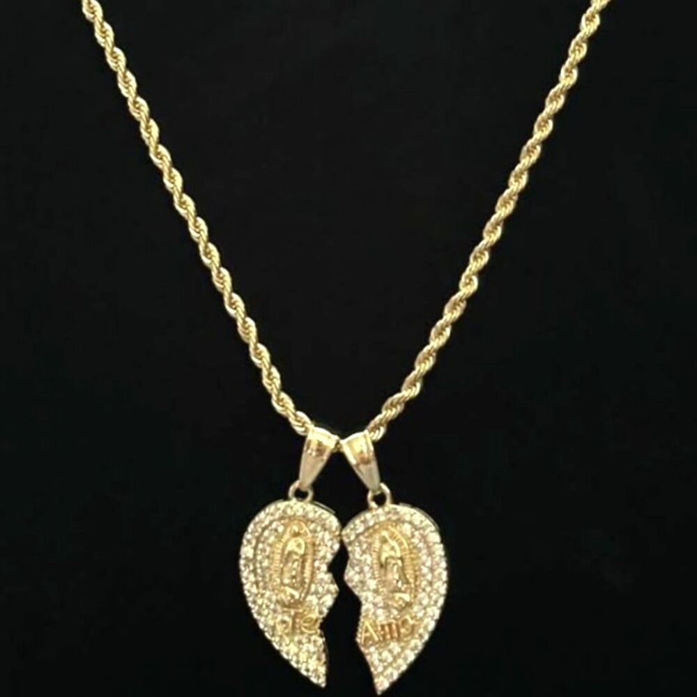 18K Gold Filled Guadalupe Split Heart "Te Amo" Couple Pendant Necklace Set 18in.